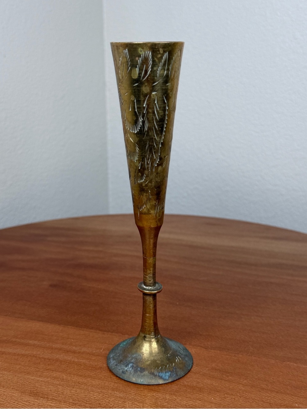 Vintage Solid Brass hand etched 6.5" tall bud vase